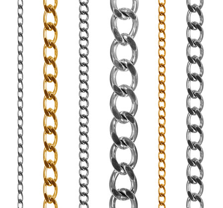 Set of gold and silver chains isolated on white backgroundの写真素材