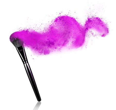 Make up brush with powder splash isolated on white backgroundの写真素材