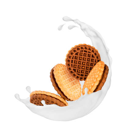 Delicious cookies in splashes of milk isolated on white backgroundの写真素材
