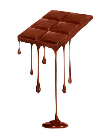 Chocolate dripping from chocolate bar isolated on white backgroundの写真素材