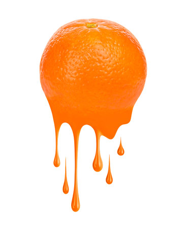Fresh mandarine with splashes and drops of paint, isolated on white backgroundの写真素材