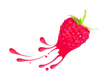 Fresh raspberries with splashes and drops of paint, isolated on white backgroundの写真素材