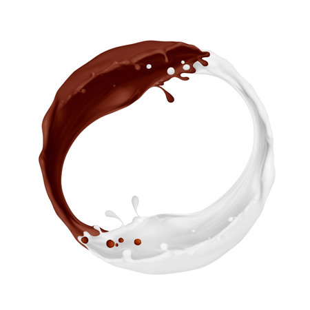 Splashes of chocolate and milk merge isolated on white backgroundの写真素材