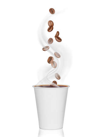 Coffee beans falls into a cup with hot coffeeの写真素材