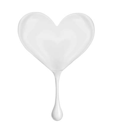 Stain of milk or cream in the shape of a heart with drop, isolated on white backgroundの写真素材