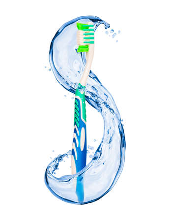 Water splash with toothbrush isolated on white backgroundの写真素材