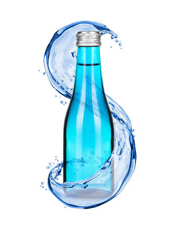 Splashes of water around a bottle on a white backgroundの写真素材