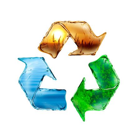 Recycling sign made of water splashes with images of natureの写真素材