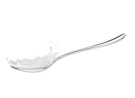 Splashes of yogurt on a spoon, on white backgroundの写真素材