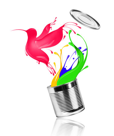 Stylized hummingbird flies out of a can with colorful paint, isolated on white background