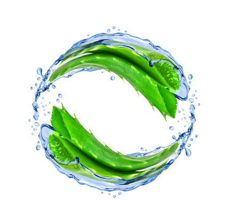Aloe vera rotates in splashes of water on white backgroundの写真素材