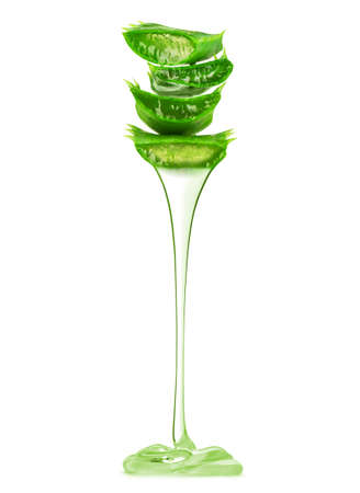 Transparent essence from aloe vera plant drips from leaves on white backgroundの写真素材