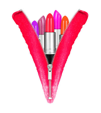Colored lipsticks with elements of zipper. Conceptual image isolated on white backgroundの写真素材