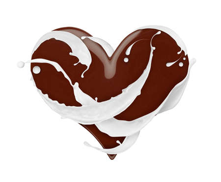 Chocolate heart with splashes of milk, isolated on white backgroundの写真素材