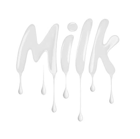 Inscription milk with drops isolated on white backgroundの写真素材