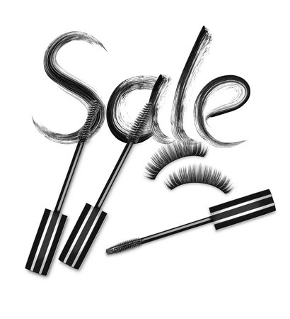 Inscription Sale with mascara brushes and false eyelashes, on white backgroudの写真素材