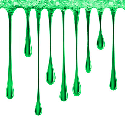 Stretched drops of green gel, isolated on white backgroundの写真素材