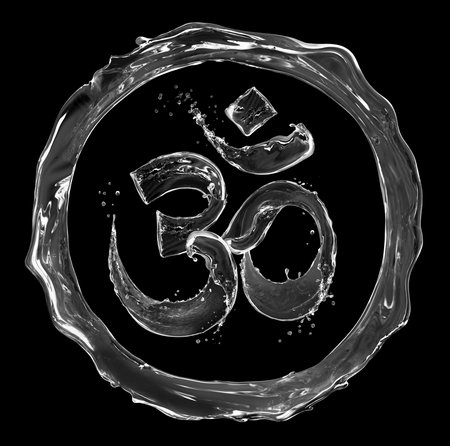 Hindu sign Om made of water splashes on black background