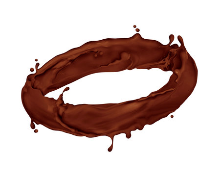 Splashes of chocolate rotate in a circular motion on white backgroundの写真素材