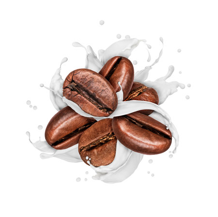 Coffee beans with splashes of milk isolated on white backgroundの写真素材