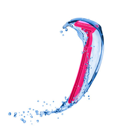 Pink shaver for lady with refreshing water splashes on white backgroundの写真素材