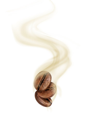 Coffee beans with hot steam close-up on white backgroundの写真素材