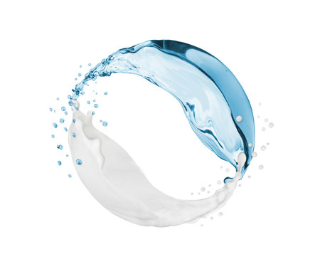 Splashes of cream and fresh water in a circular motion, isolated on white backgroundの写真素材