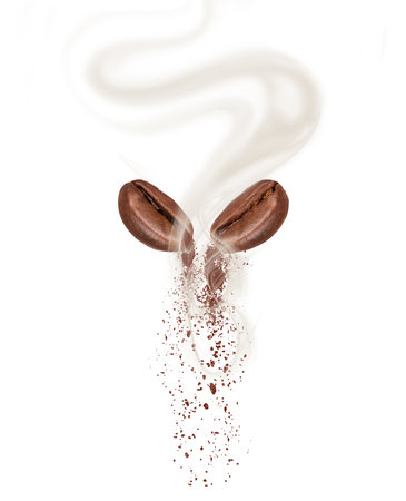Two coffee beans with hot steam close-up on white backgroundの写真素材