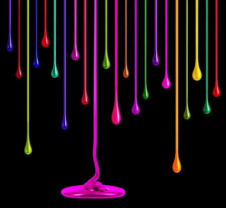 Streaks of multi-colored paint in the form of drops on black backgroundの写真素材