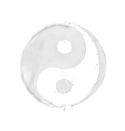 Milk splashes in the shape of a Yin Yang symbol, isolated on a white backgroundの写真素材