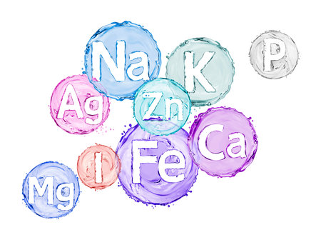 Group of chemical minerals and microelements. (Argentum, Ferrum, Kalium,Calcium, Natrium, Magnesium,Phosphorus,Iodum,Zincum)の写真素材