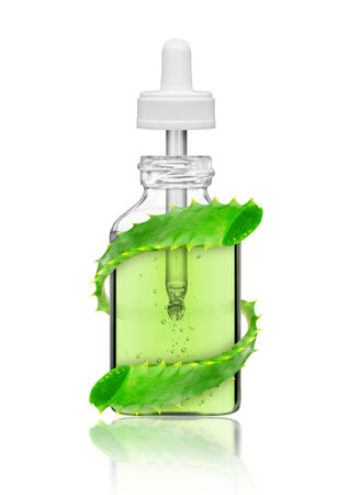 Cosmetic bottle with aloe vera plant, isolated on white backgroundの写真素材