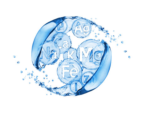 Abstract image of group of chemical minerals and microelements with water splashesの写真素材
