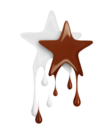 Chocolate star and star of milk with falling drops. Conceptual image isolated on white backgroundの写真素材