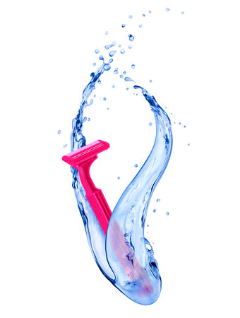 Pink shaver with refreshing water splashes, isolated on white backgroundの写真素材