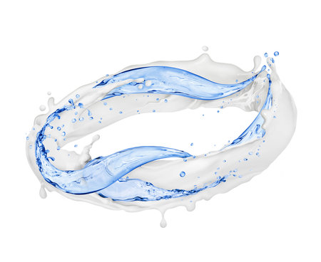 Milk with water splashes rotate in a circle on white backgroundの写真素材