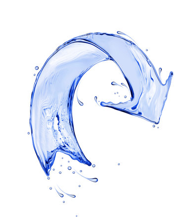 Curved arrow made of water, conceptual image isolated on a white backgroundの写真素材