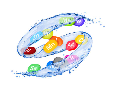 Group of chemical minerals and microelements in the form of pills moves in water splashesの写真素材