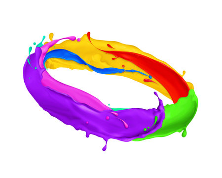Multicolored splashes of paint move in a circle, isolated on white backgroundの写真素材