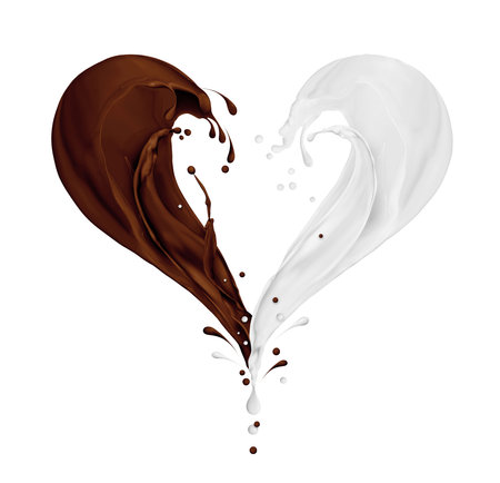 Milk and chocolate splashes in the shape of heart on white backgroundの写真素材