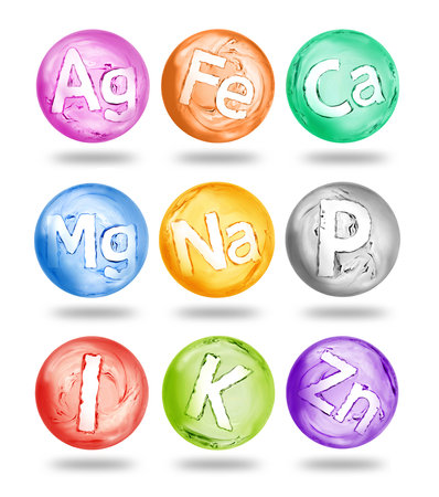 Group of chemical minerals and microelements in the form of spheres made of waterの写真素材