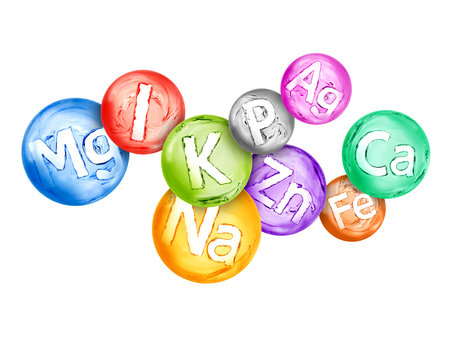 Group of chemical minerals and microelements in the form of water spheres are located chaoticallyの写真素材