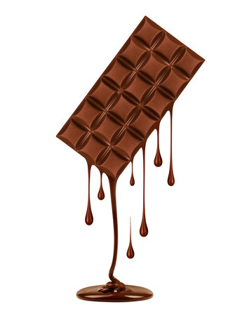 Chocolate dripping from black chocolate bar, isolated on white backgroundの写真素材