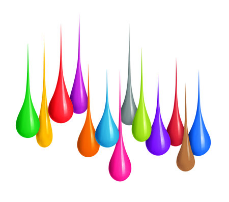 Colorful drops of various shapes close-up isolated on white backgroundの写真素材