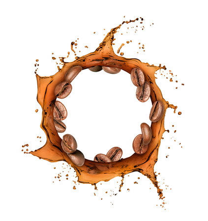 Coffee beans move around in coffee splashesの写真素材
