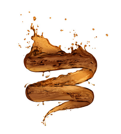 Coffee splashes in a swirling shape on white backgroundの写真素材