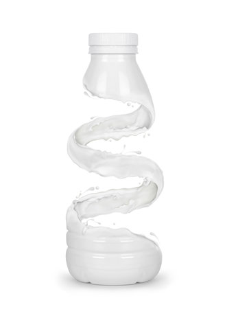 White bottle made from milk splashes isolated on white backgroundの写真素材