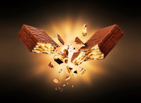 Chocolate waffle broken into two parts in the darkの写真素材