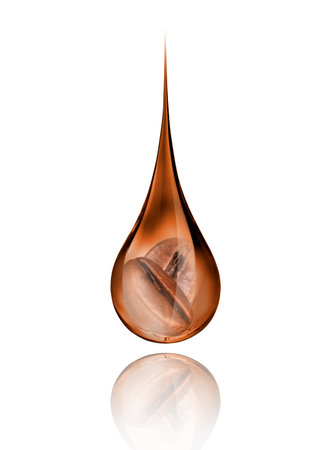 Conceptual image of two coffee beans are in drop on a white backgroundの写真素材