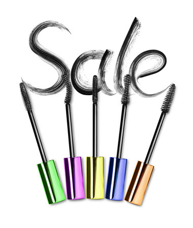 Set of various mascara brushes with inscription Sale on white backgroundの写真素材
